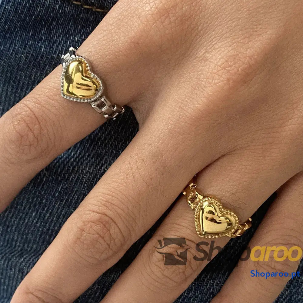 Anel de coração em ouro 18K (banhado) e aço titânio