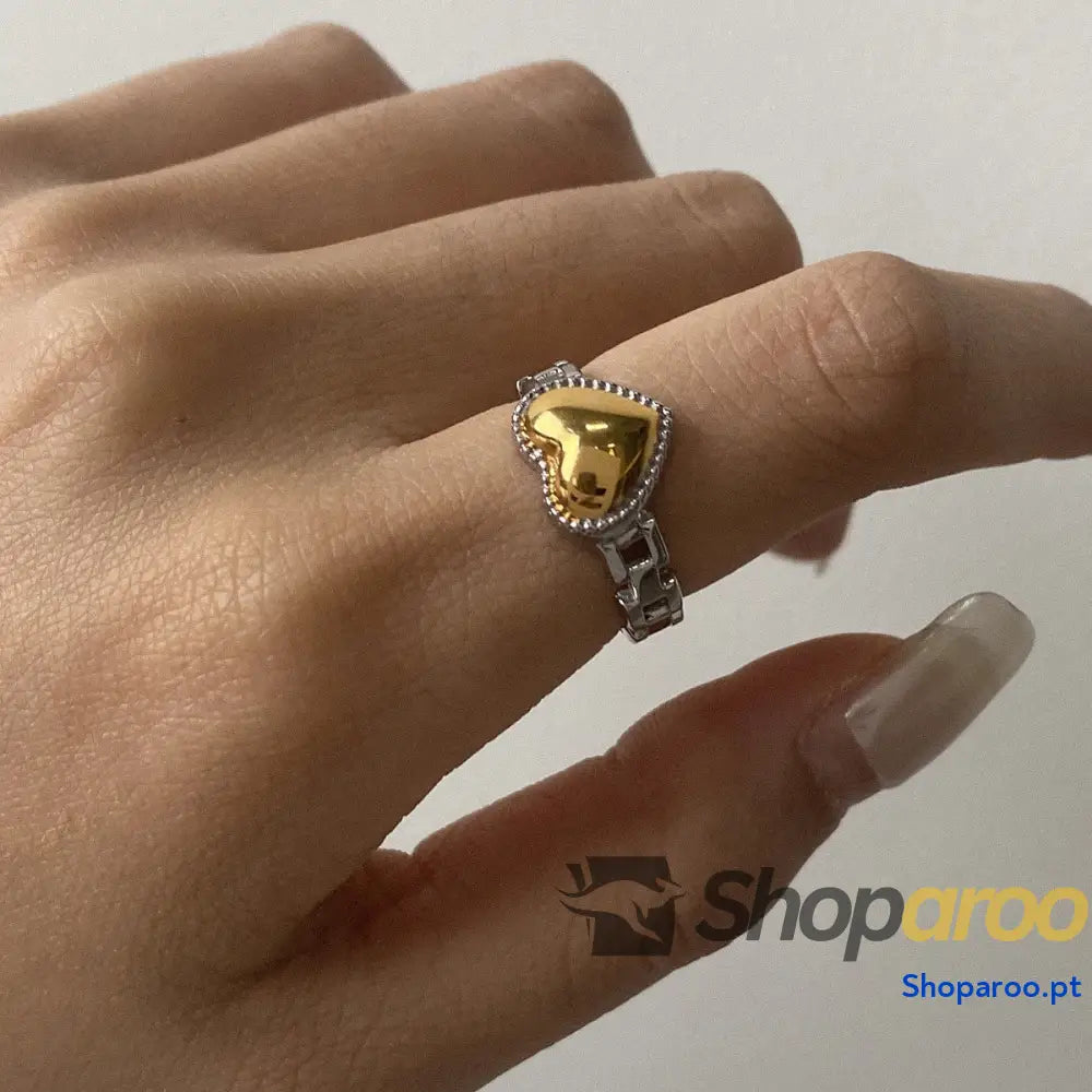 Anel de coração em ouro 18K (banhado) e aço titânio