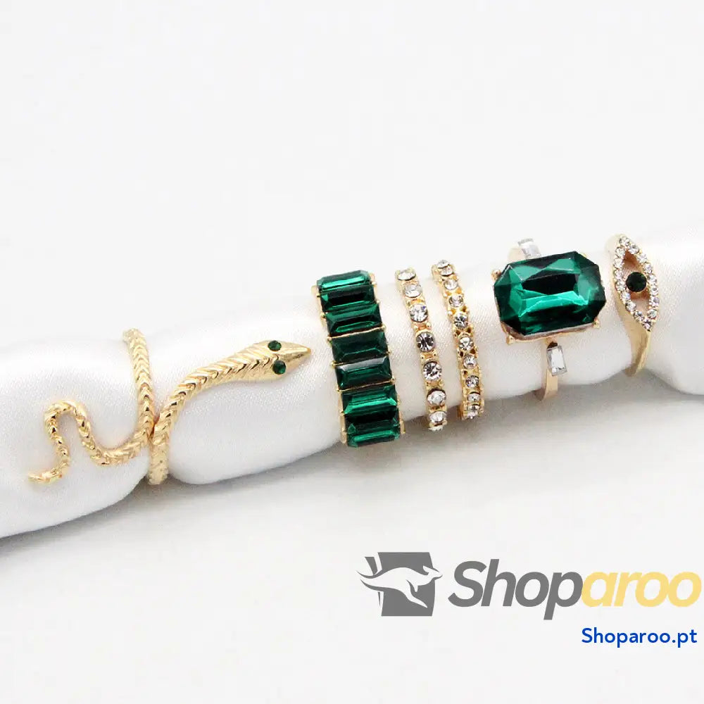 Anel vintage de 6 peças com diamante e esmeralda serpente