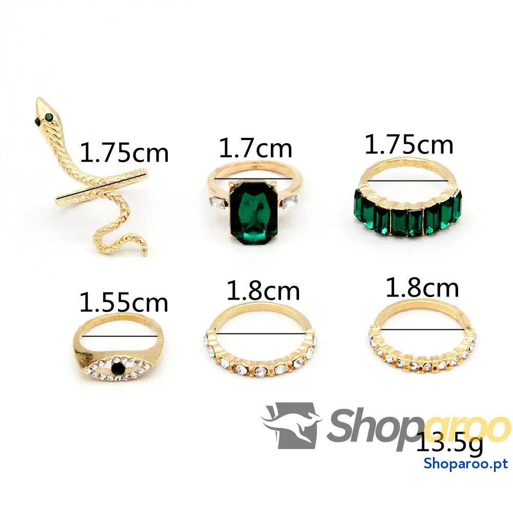Anel vintage de 6 peças com diamante e esmeralda serpente