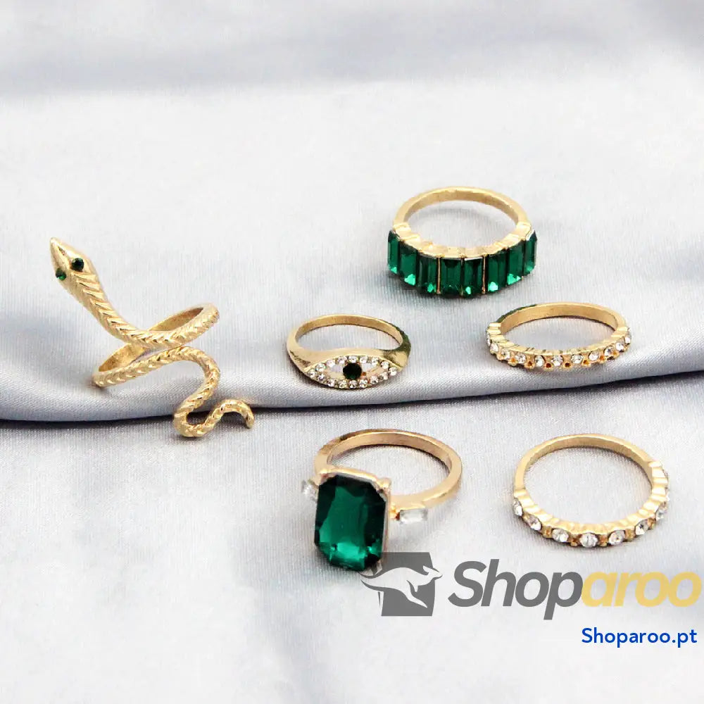 Anel vintage de 6 peças com diamante e esmeralda serpente