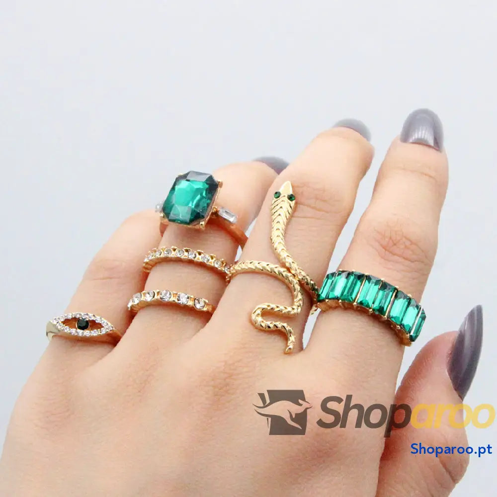 Anel vintage de 6 peças com diamante e esmeralda serpente