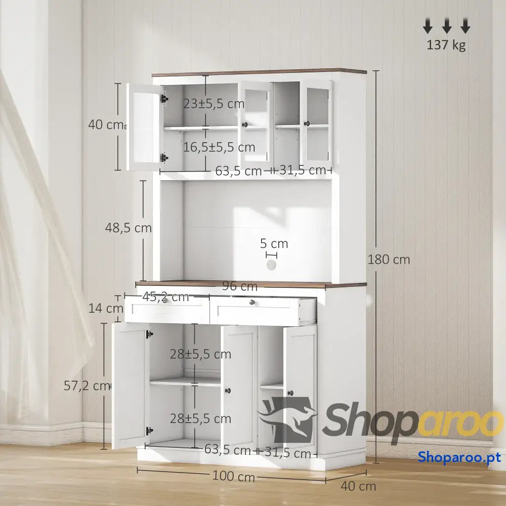 Armário de Cozinha Branco com Portas Vidro e Prateleiras Ajustáveis