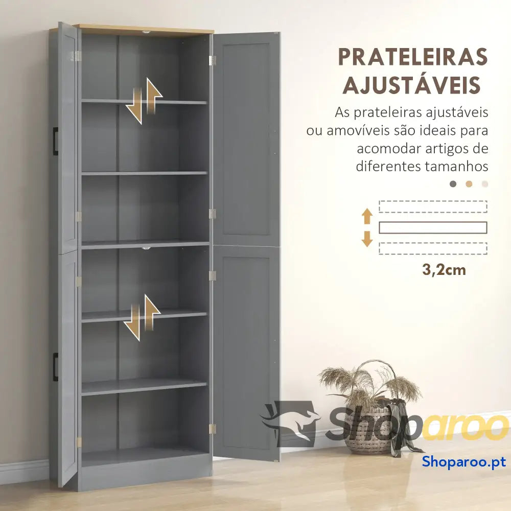 Armário de Cozinha com 4 Portas e Prateleiras Ajustáveis Anti Tombo 60x30x171 cm Cinzento
