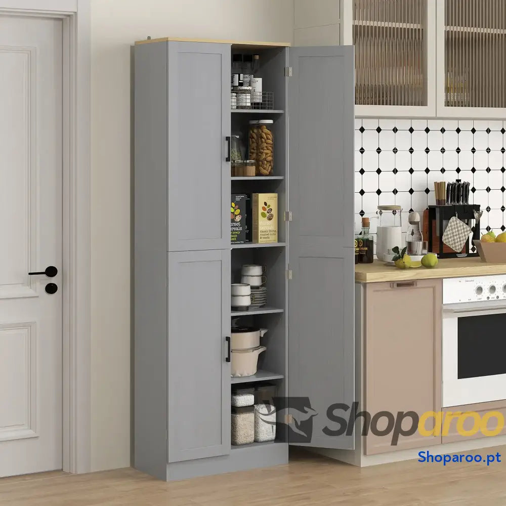 Armário de Cozinha com 4 Portas e Prateleiras Ajustáveis Anti Tombo 60x30x171 cm Cinzento