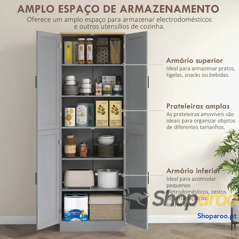 Armário de Cozinha com 4 Portas e Prateleiras Ajustáveis Anti Tombo 60x30x171 cm Cinzento
