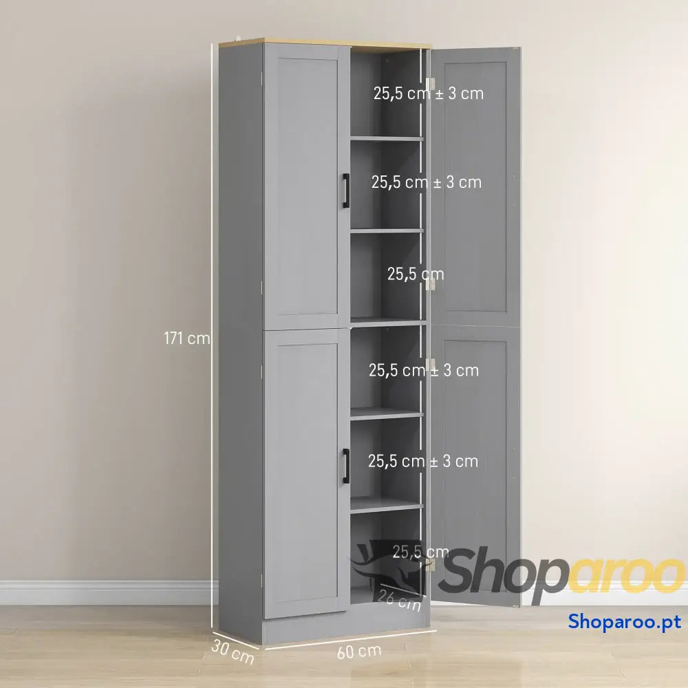 Armário de Cozinha com 4 Portas e Prateleiras Ajustáveis Anti Tombo 60x30x171 cm Cinzento