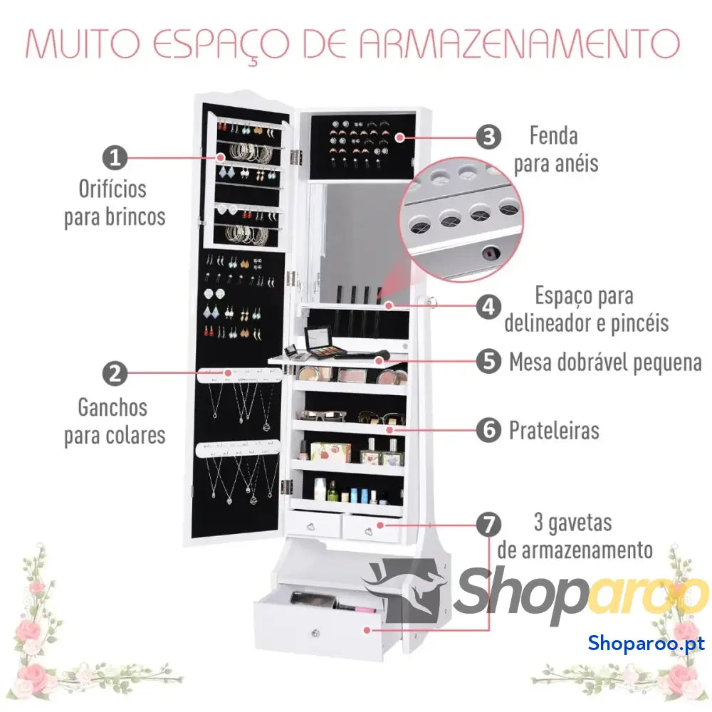Armário de joias pé com espelho joalheiro e luzes LED