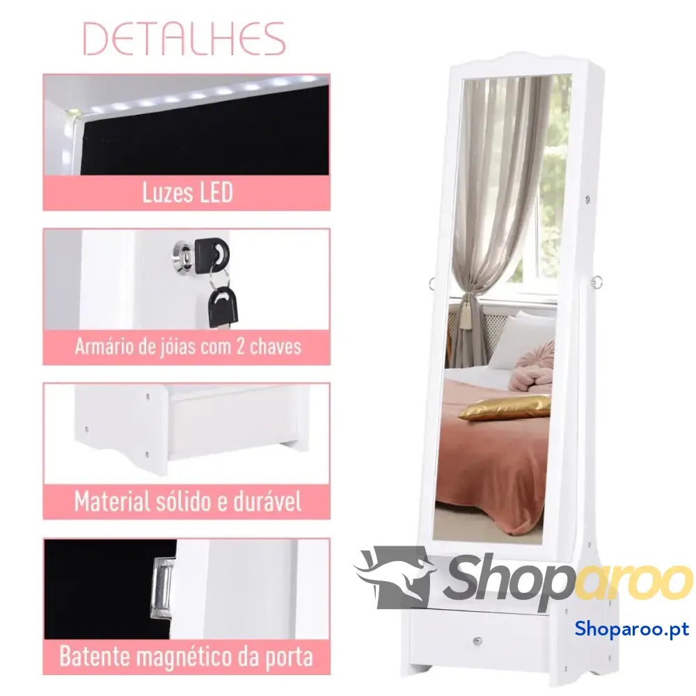 Armário de joias pé com espelho joalheiro e luzes LED