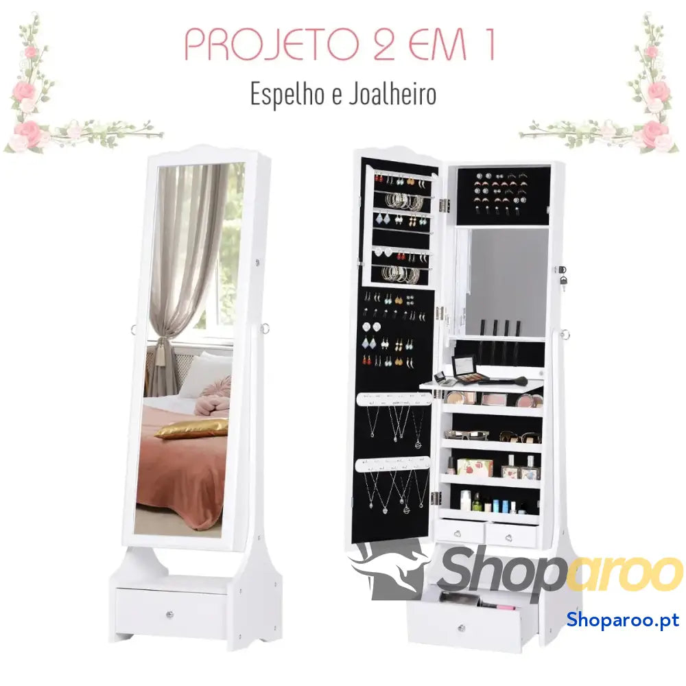 Armário de joias pé com espelho joalheiro e luzes LED