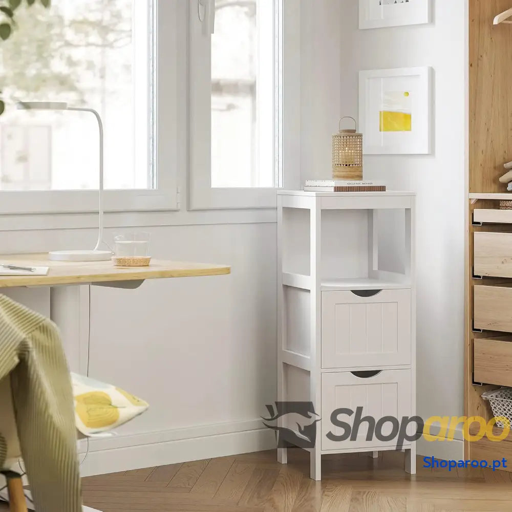 Armário para casa de banho arrumação medicamentos Mesa cabeceira canto com 2 gavetas Branco BBC42WT