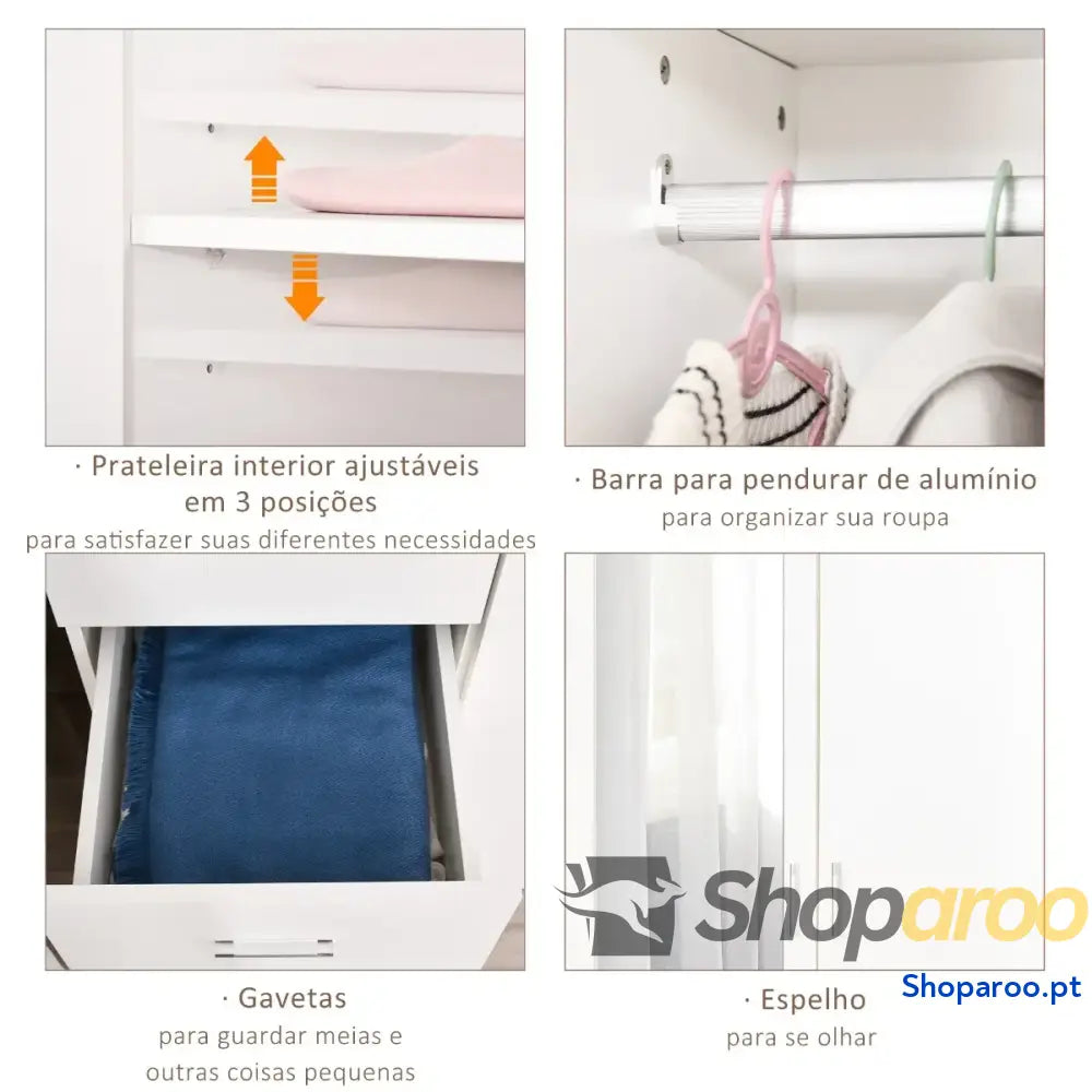 Armário Roupeiro de 2 Portas com Espelho 3 Gavetas Prateleiras Ajustáveis e Barra para Pendurar Incluida Dormitório