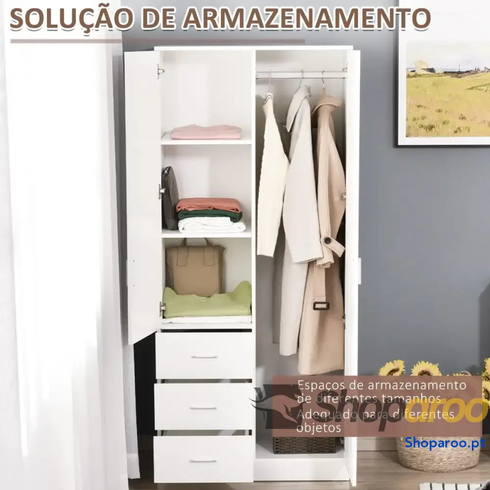Armário Roupeiro de 2 Portas com Espelho 3 Gavetas Prateleiras Ajustáveis e Barra para Pendurar Incluida Dormitório