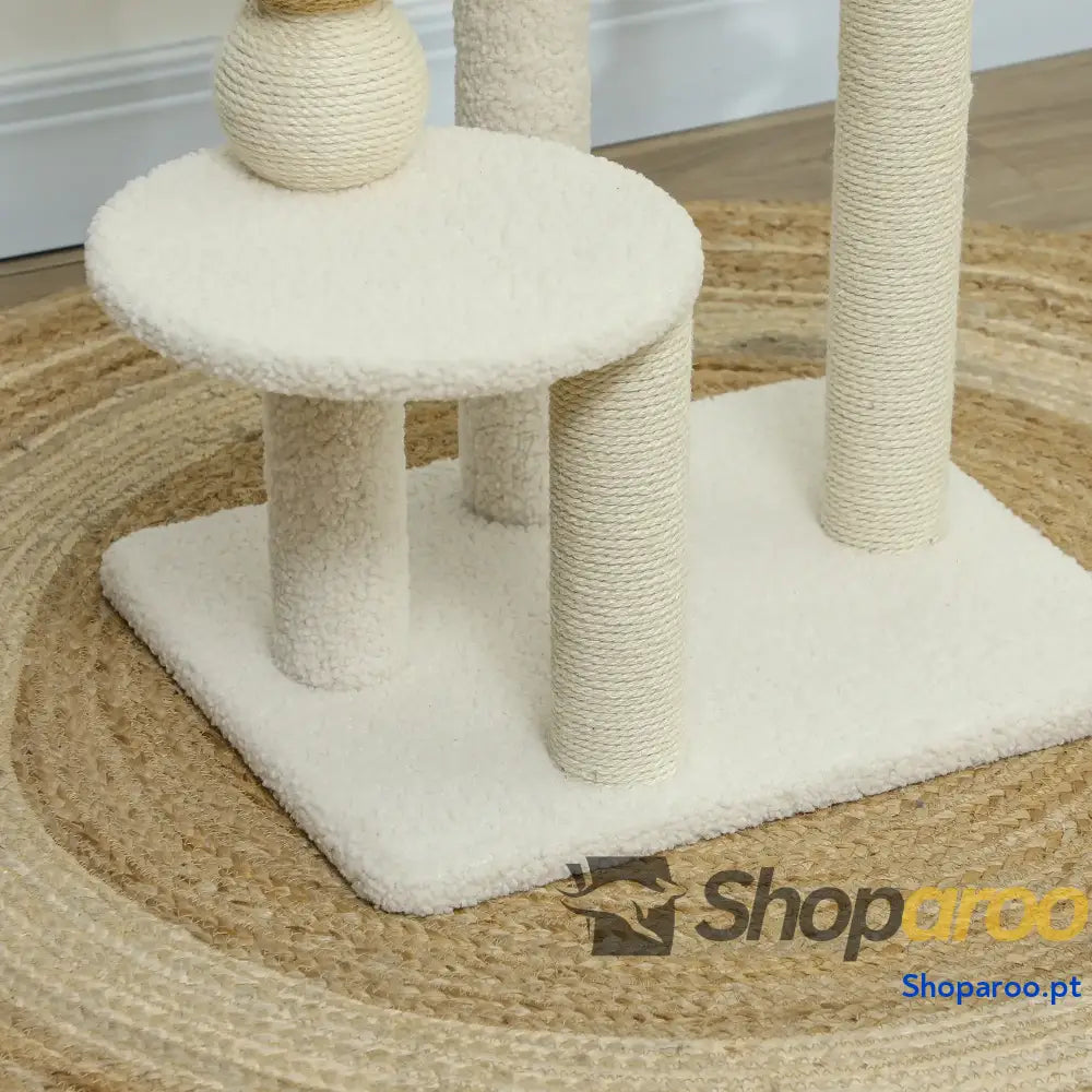 Arranhador para Gatos com Estofado em Borrego Plataformas Bola Suspensa e Poste de Juta 48,5x40x76 cm Bege