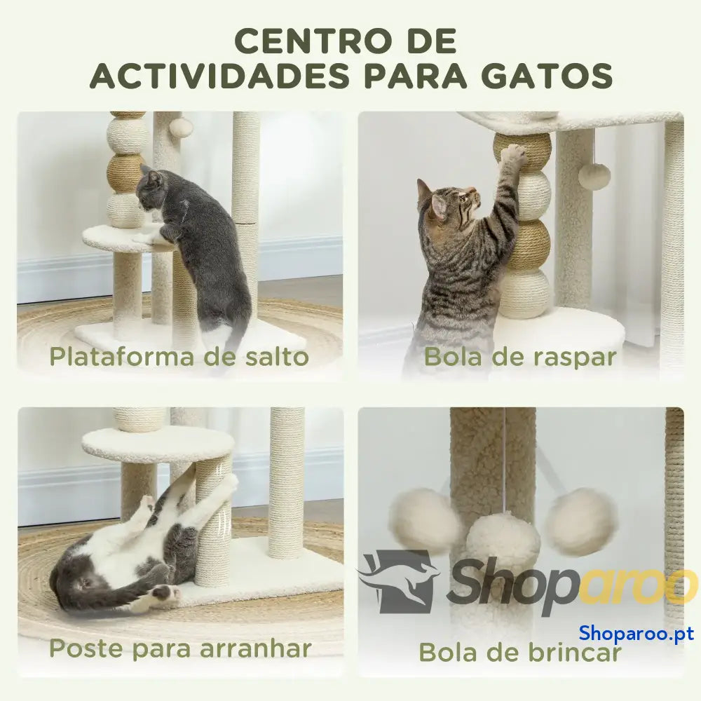 Arranhador para Gatos com Estofado em Borrego Plataformas Bola Suspensa e Poste de Juta 48,5x40x76 cm Bege