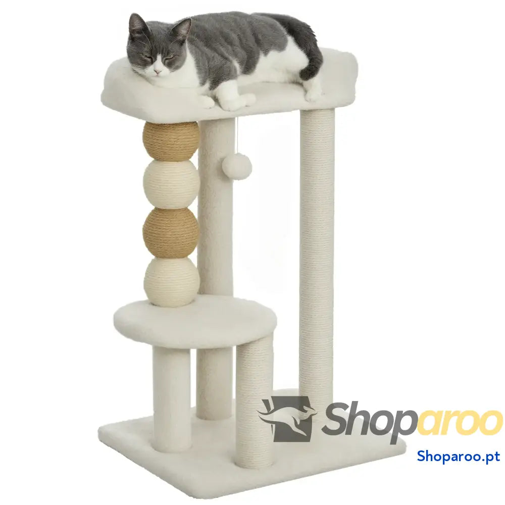 Arranhador para Gatos com Estofado em Borrego Plataformas Bola Suspensa e Poste de Juta 48,5x40x76 cm Bege