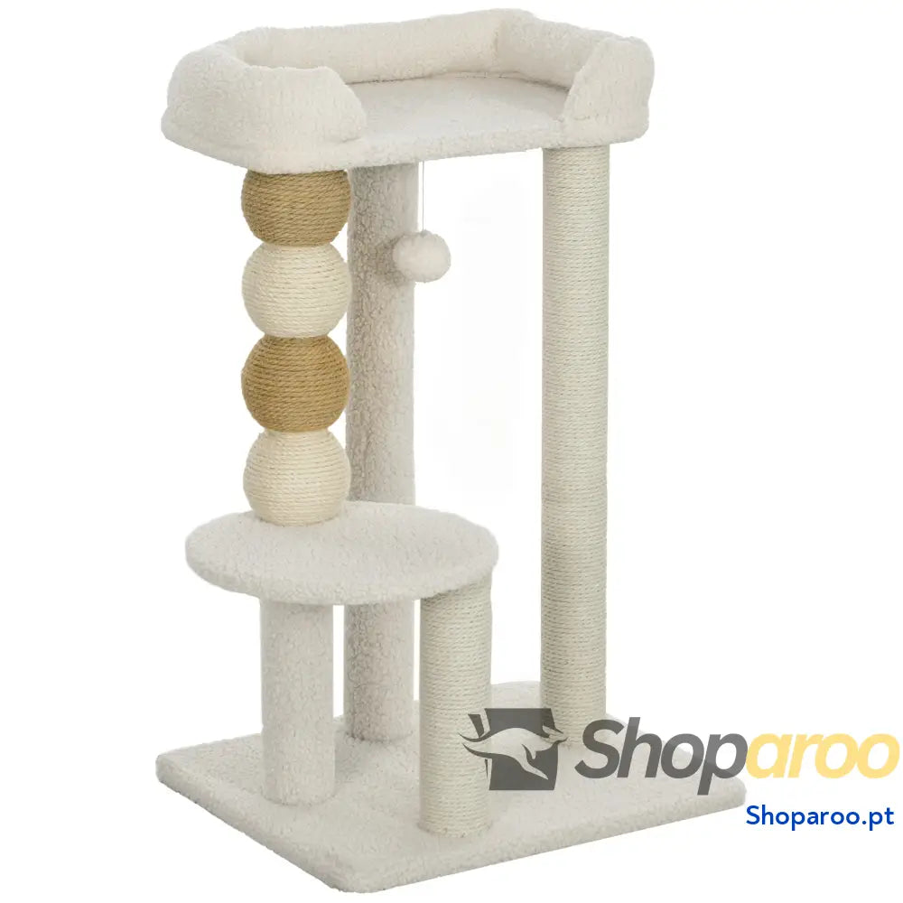 Arranhador para Gatos com Estofado em Borrego Plataformas Bola Suspensa e Poste de Juta 48,5x40x76 cm Bege