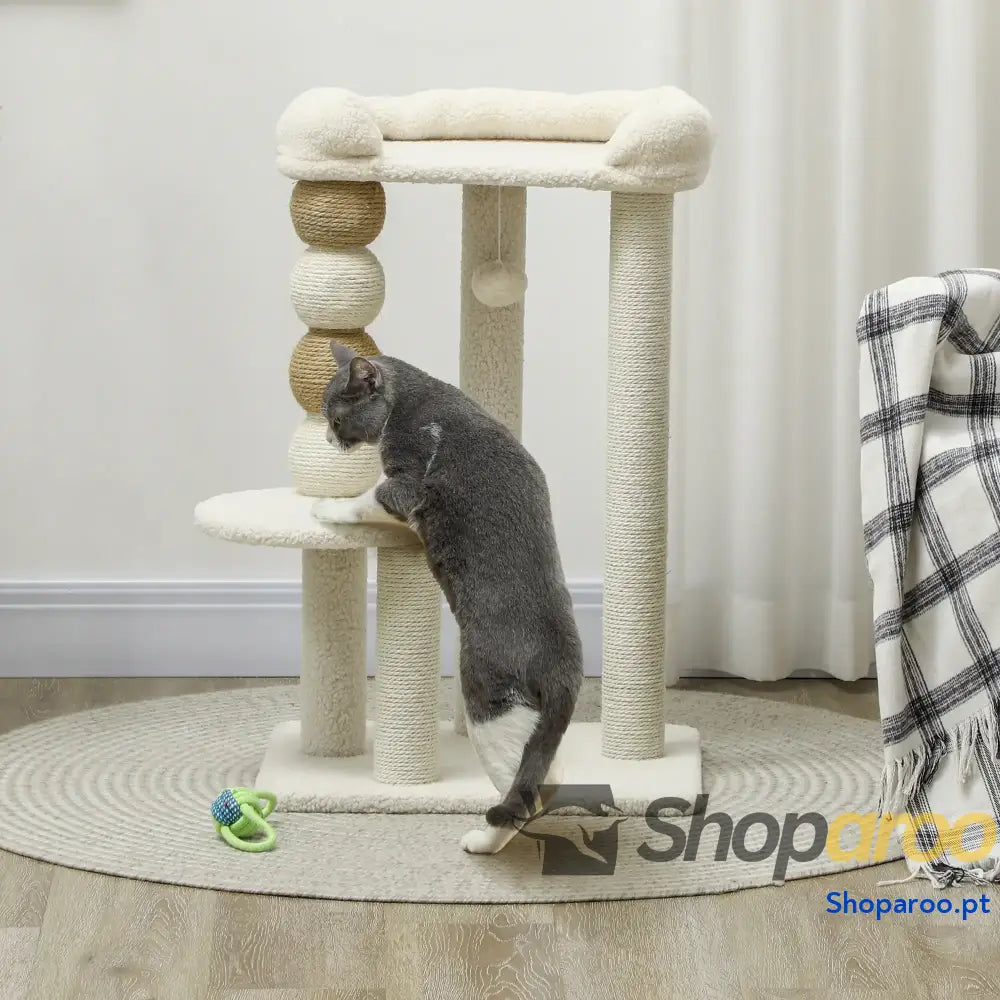 Arranhador para Gatos com Estofado em Borrego Plataformas Bola Suspensa e Poste de Juta 48,5x40x76 cm Bege