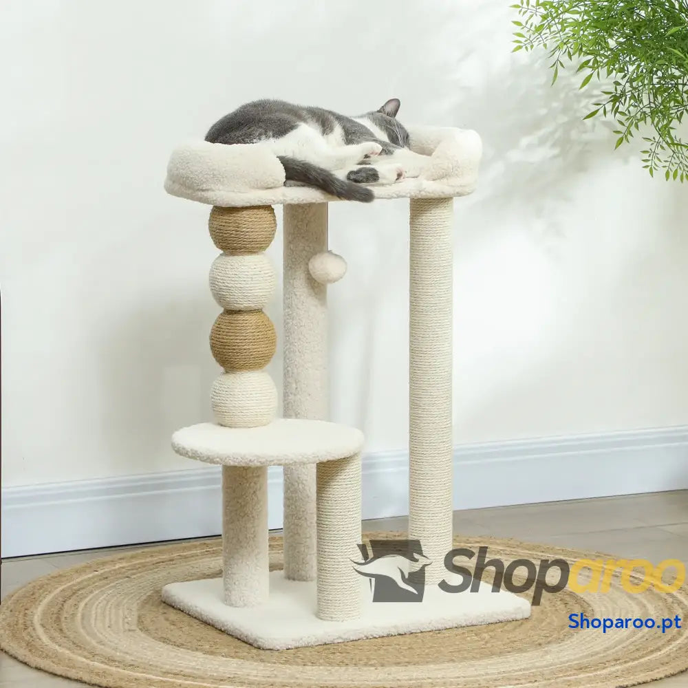 Arranhador para Gatos com Estofado em Borrego Plataformas Bola Suspensa e Poste de Juta 48,5x40x76 cm Bege