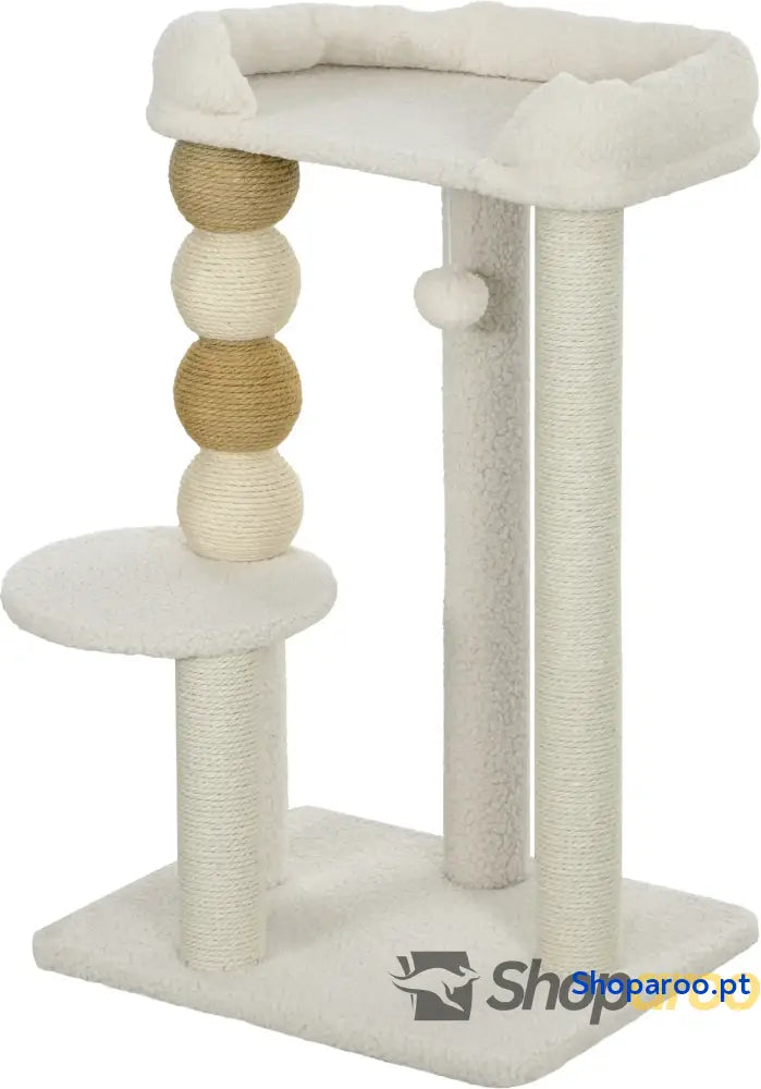 Arranhador para Gatos com Estofado em Borrego Plataformas Bola Suspensa e Poste de Juta 48,5x40x76 cm Bege