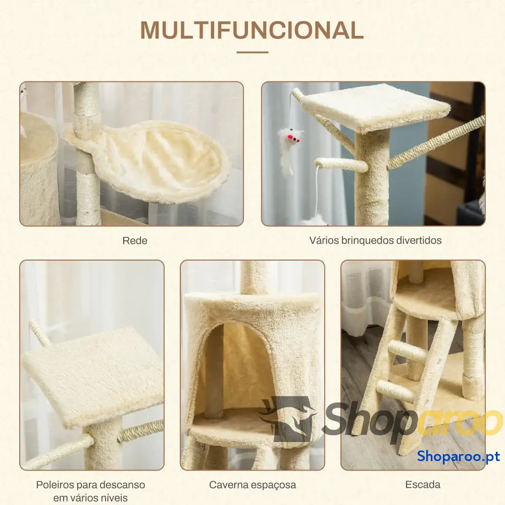 Arranhador para Gatos de 134,2 cm com Caverna Plataformas Rato Brinquedo Rede e Postes Sisal 50x35x134,2 Cinza