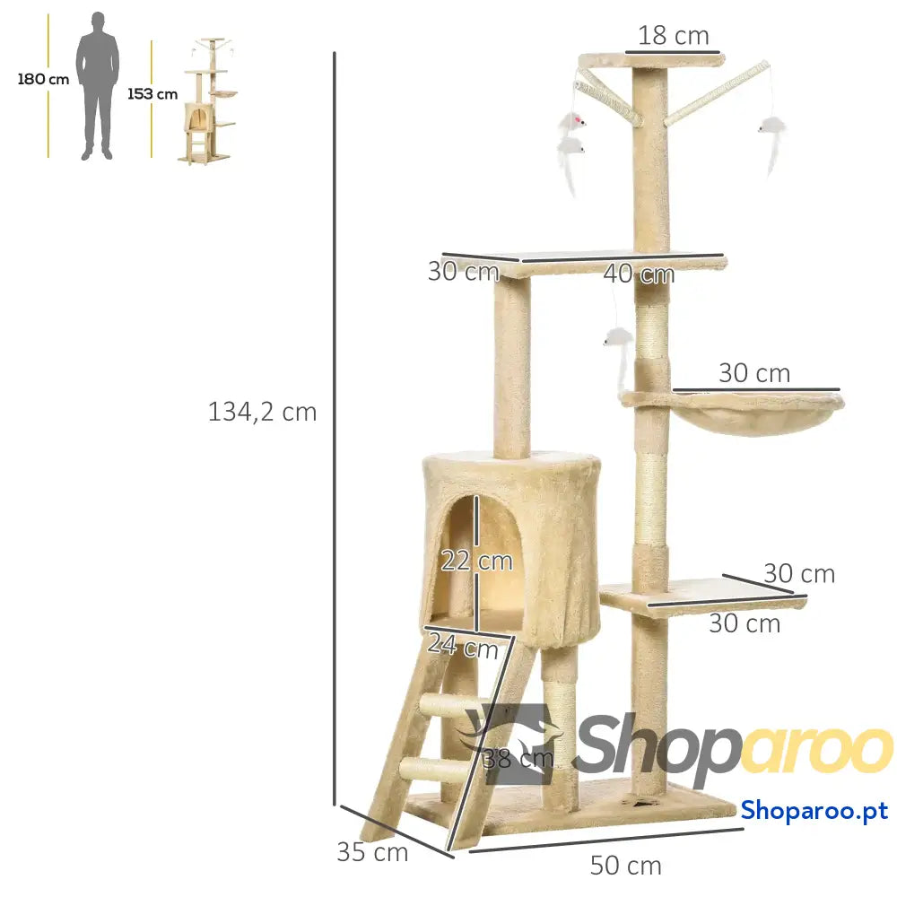 Arranhador para Gatos de 134,2 cm com Caverna Plataformas Rato Brinquedo Rede e Postes Sisal 50x35x134,2 Cinza