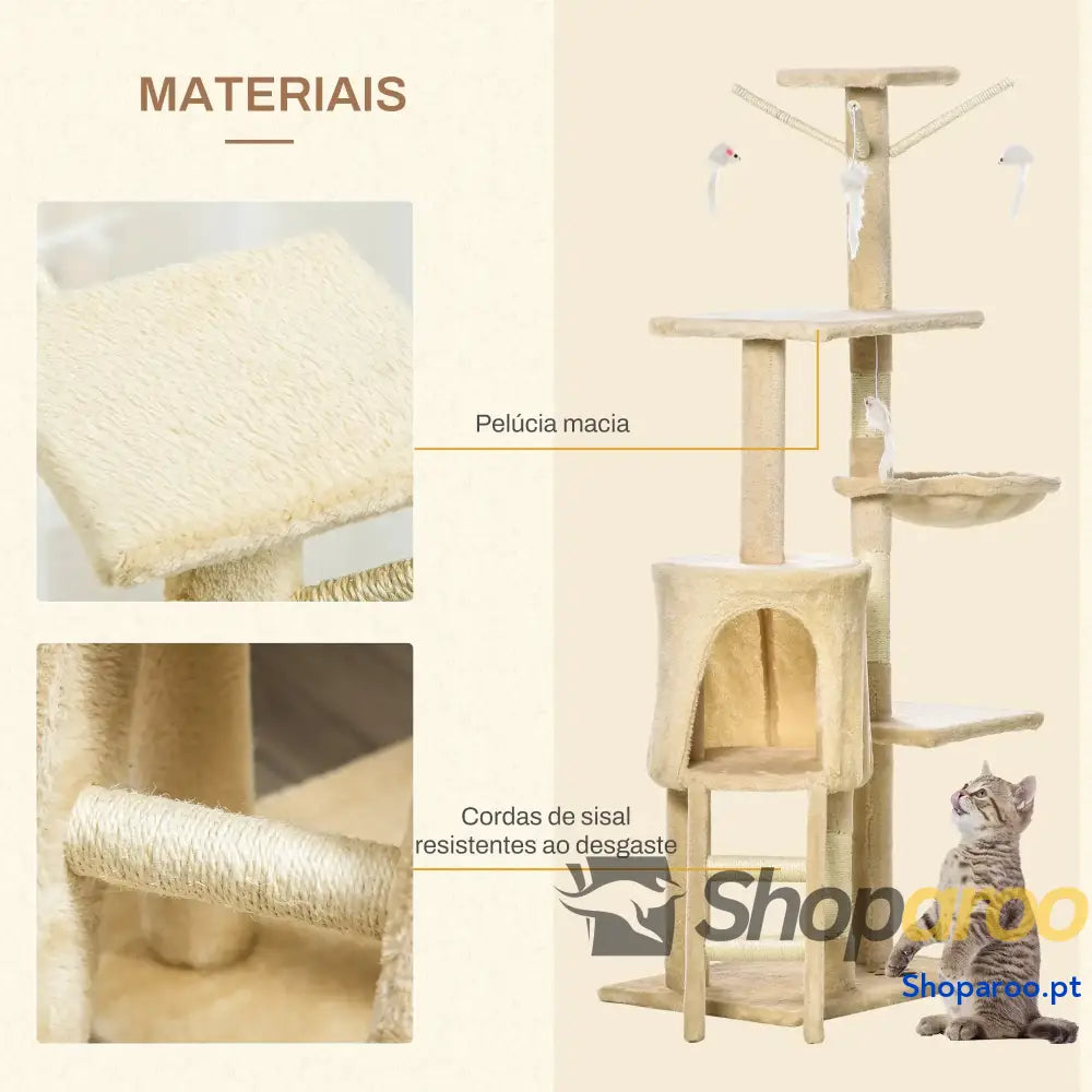 Arranhador para Gatos de 134,2 cm com Caverna Plataformas Rato Brinquedo Rede e Postes Sisal 50x35x134,2 Cinza