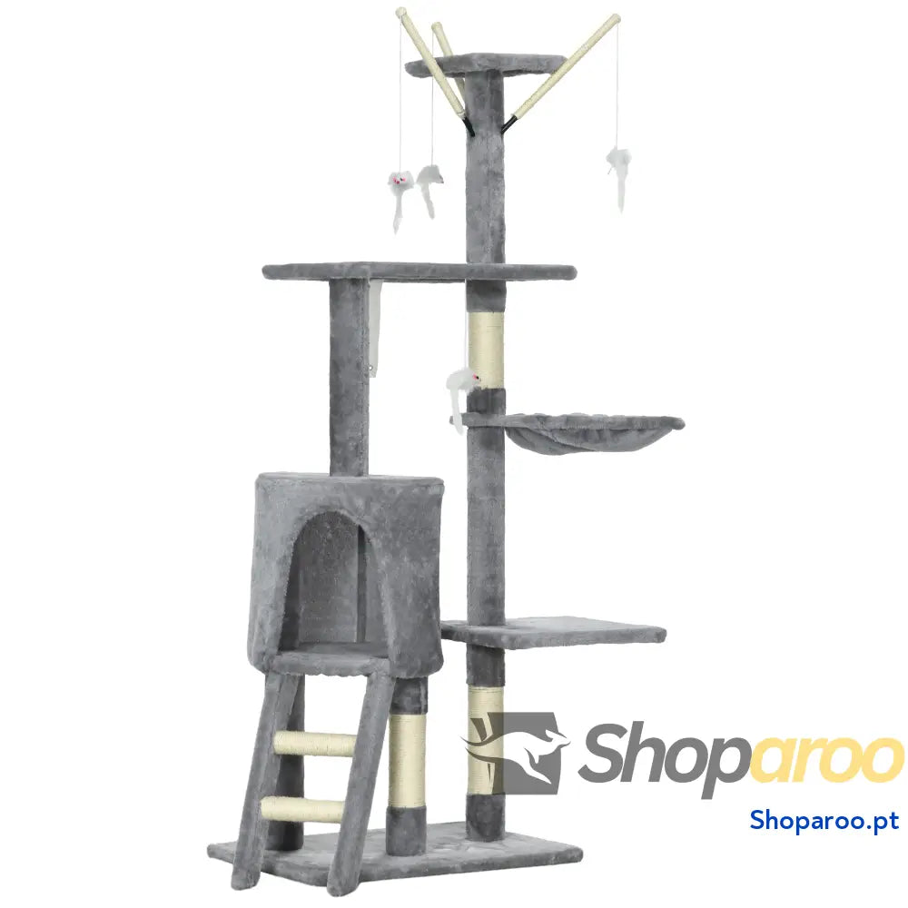 Arranhador para Gatos de 134,2 cm com Caverna Plataformas Rato Brinquedo Rede e Postes Sisal 50x35x134,2 Cinza
