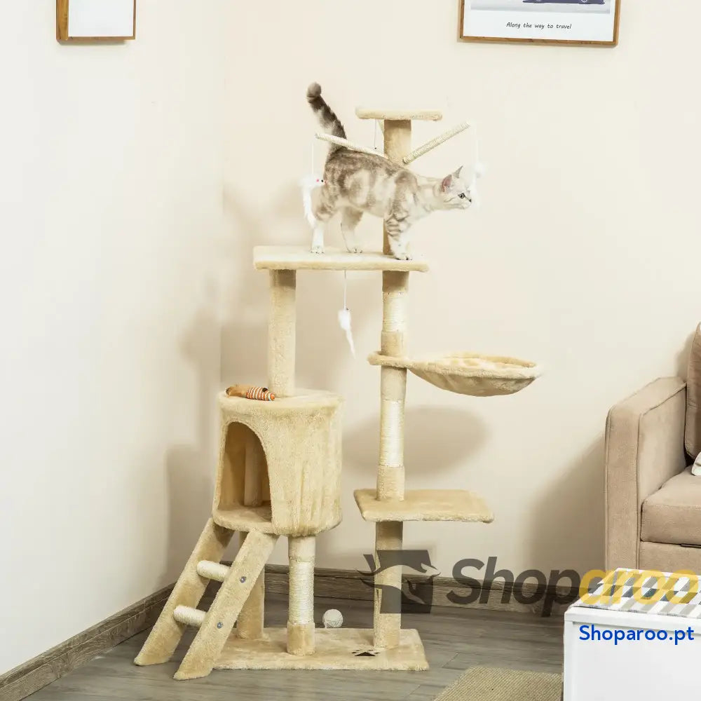 Arranhador para Gatos de 134,2 cm com Caverna Plataformas Rato Brinquedo Rede e Postes Sisal 50x35x134,2 Cinza