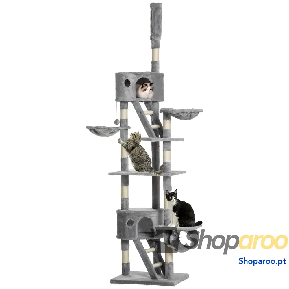 Arranhador para Gatos do Chão ao Teto de 240-260 cm com Altura Ajustável Múltiplas Plataformas Caverna e Rampas Cinza