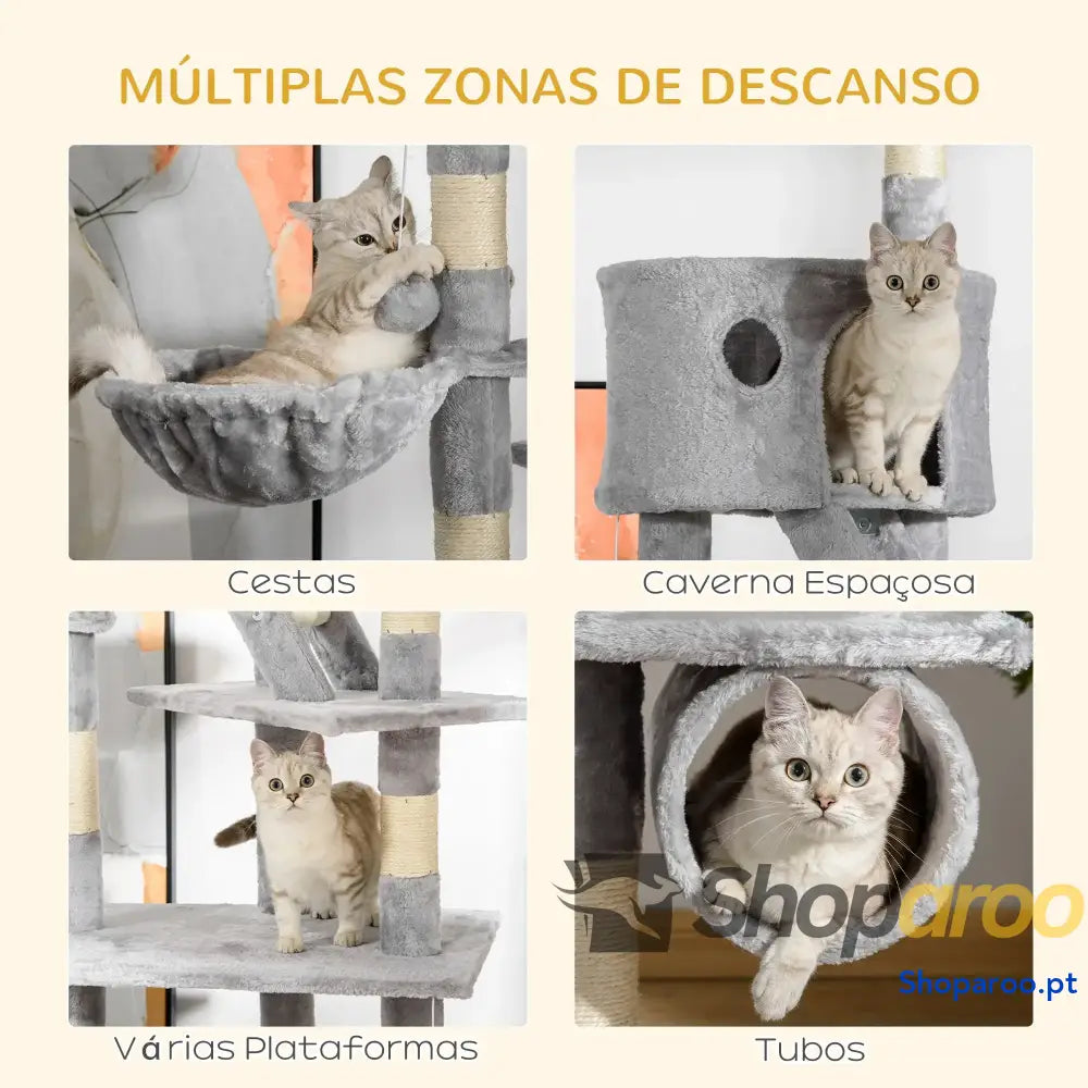 Arranhador para Gatos do Chão ao Teto de 240-260 cm com Altura Ajustável Múltiplas Plataformas Caverna e Rampas Cinza