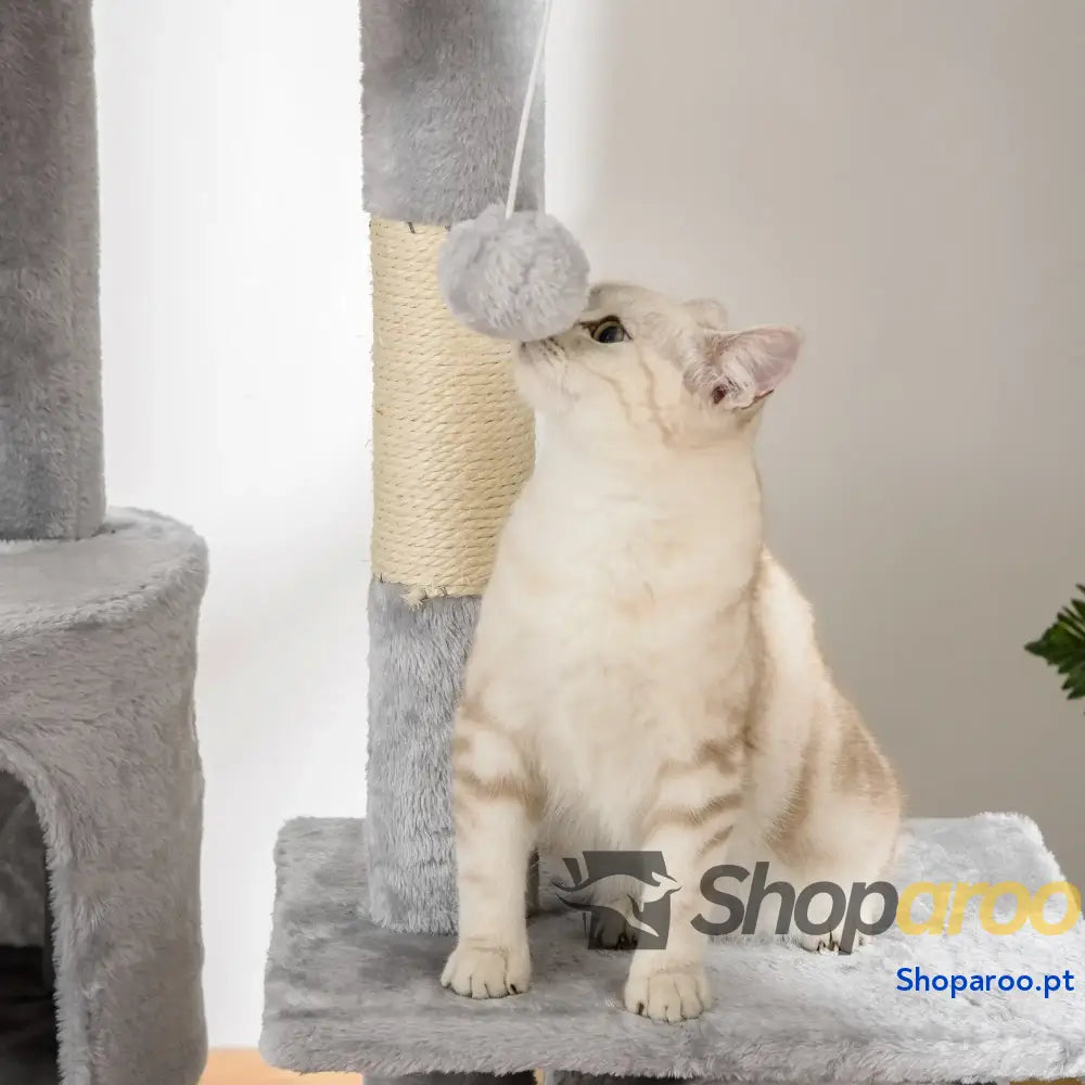 Arranhador para Gatos do Chão ao Teto de 240-260 cm com Altura Ajustável Múltiplas Plataformas Caverna e Rampas Cinza