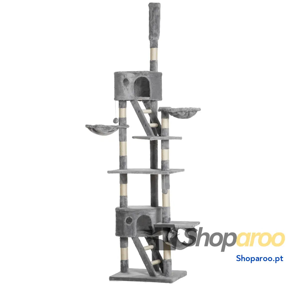 Arranhador para Gatos do Chão ao Teto de 240-260 cm com Altura Ajustável Múltiplas Plataformas Caverna e Rampas Cinza