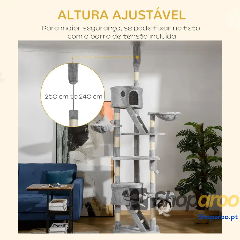 Arranhador para Gatos do Chão ao Teto de 240-260 cm com Altura Ajustável Múltiplas Plataformas Caverna e Rampas Cinza