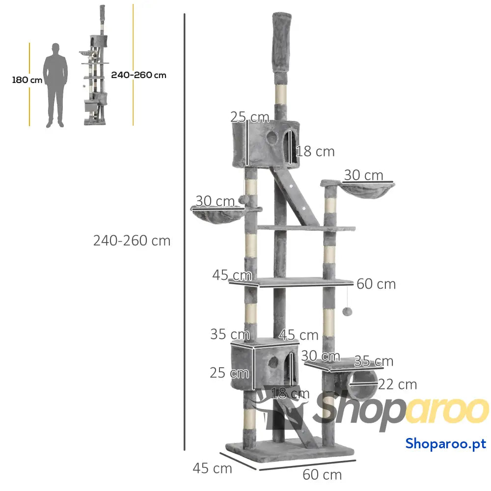 Arranhador para Gatos do Chão ao Teto de 240-260 cm com Altura Ajustável Múltiplas Plataformas Caverna e Rampas Cinza