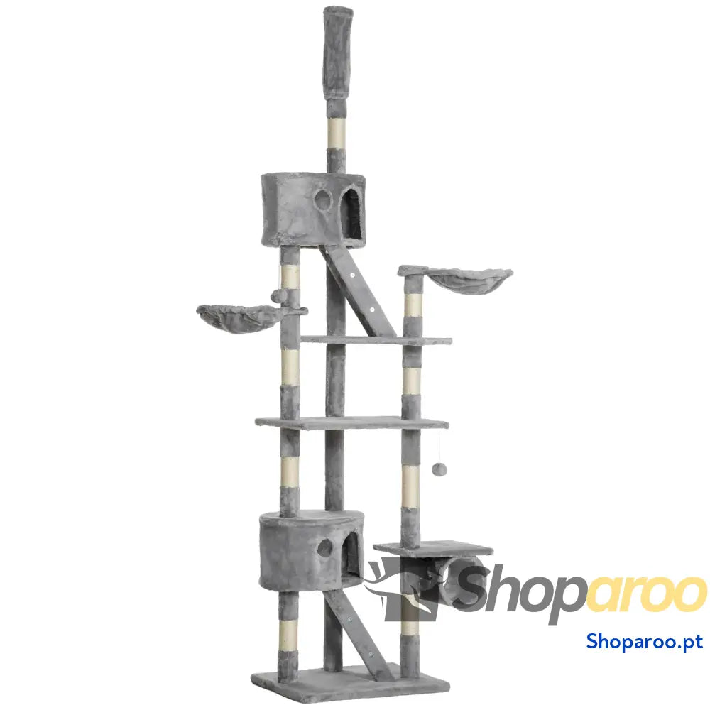 Arranhador para Gatos do Chão ao Teto de 240-260 cm com Altura Ajustável Múltiplas Plataformas Caverna e Rampas Cinza