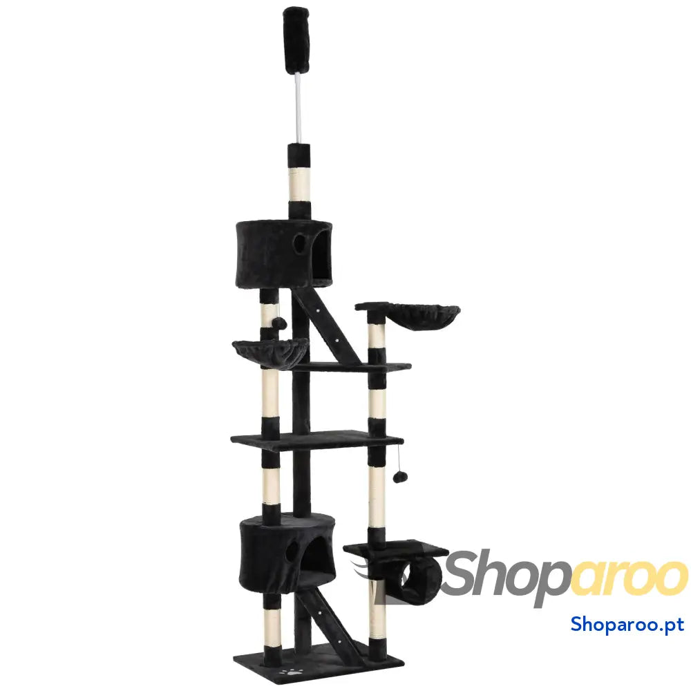 Arranhador para Gatos do Chão ao Teto de 240-260 cm com Altura Ajustável Múltiplas Plataformas Caverna e Rampas Cinza