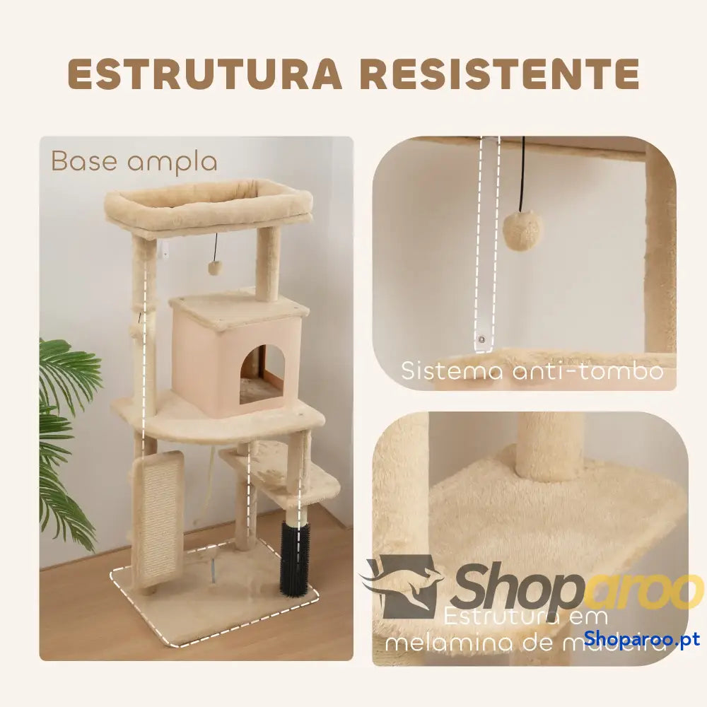 Arranhador para Gatos Grande Altura 132 cm com Plataformas Postes Escova Bolas Suspensas e Almofadas Arranhar Bege