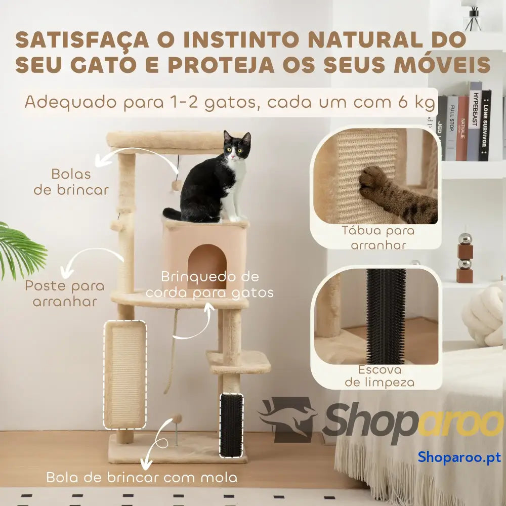Arranhador para Gatos Grande Altura 132 cm com Plataformas Postes Escova Bolas Suspensas e Almofadas Arranhar Bege