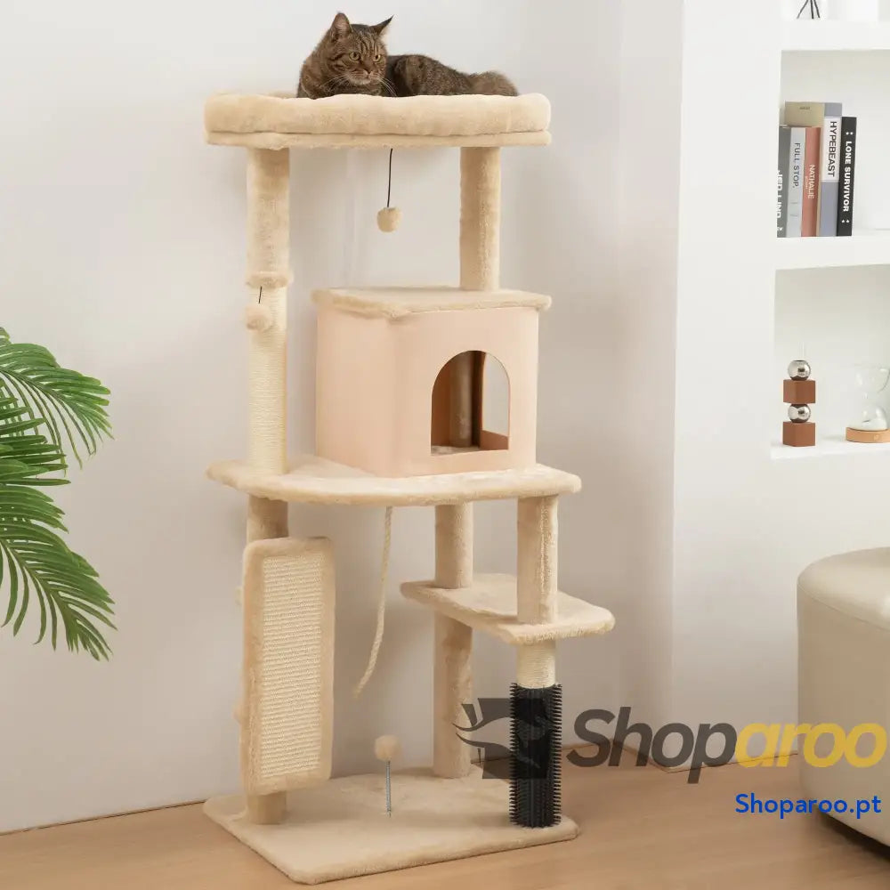 Arranhador para Gatos Grande Altura 132 cm com Plataformas Postes Escova Bolas Suspensas e Almofadas Arranhar Bege