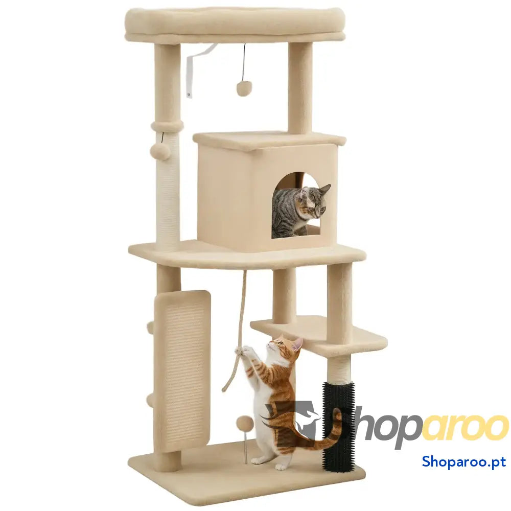 Arranhador para Gatos Grande Altura 132 cm com Plataformas Postes Escova Bolas Suspensas e Almofadas Arranhar Bege