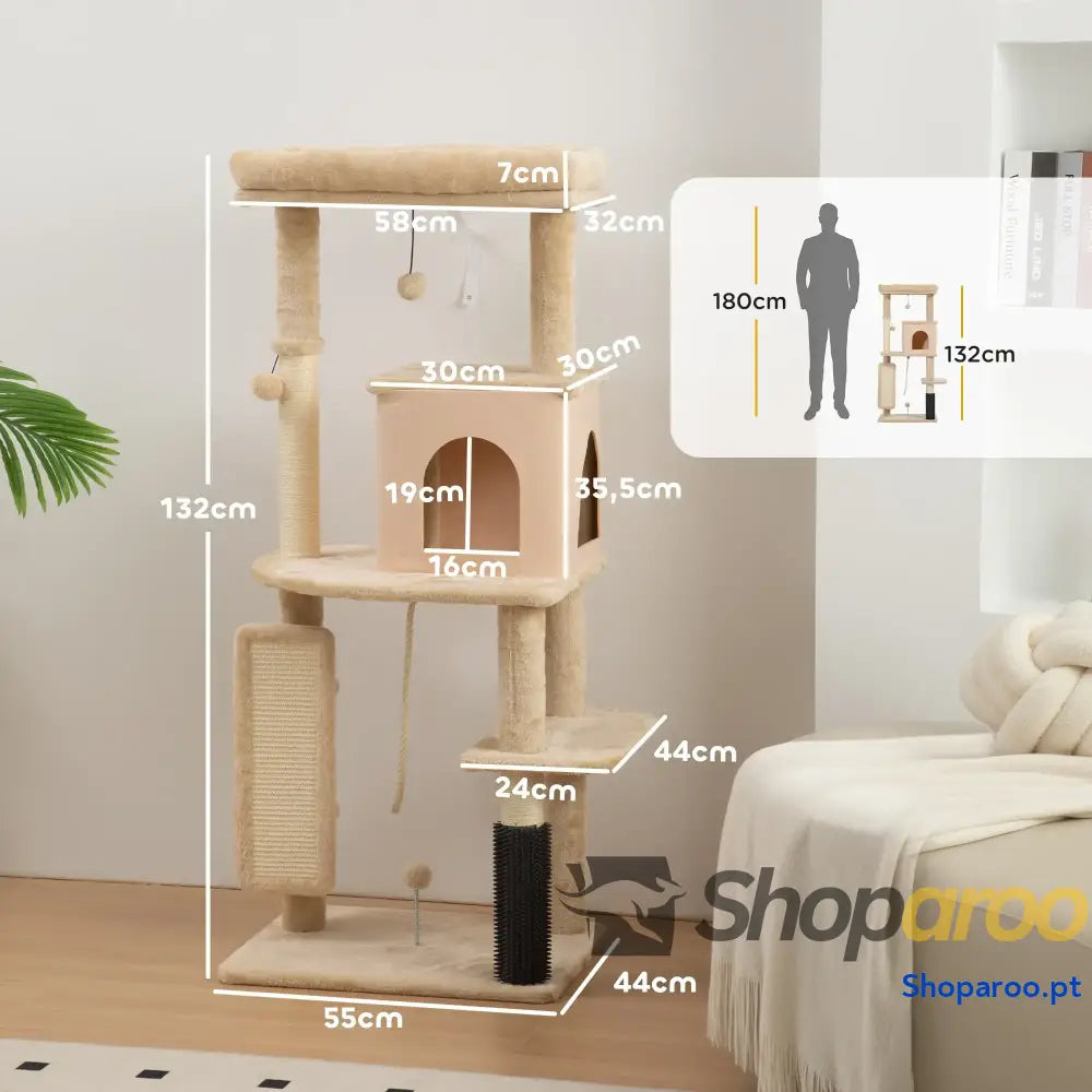 Arranhador para Gatos Grande Altura 132 cm com Plataformas Postes Escova Bolas Suspensas e Almofadas Arranhar Bege