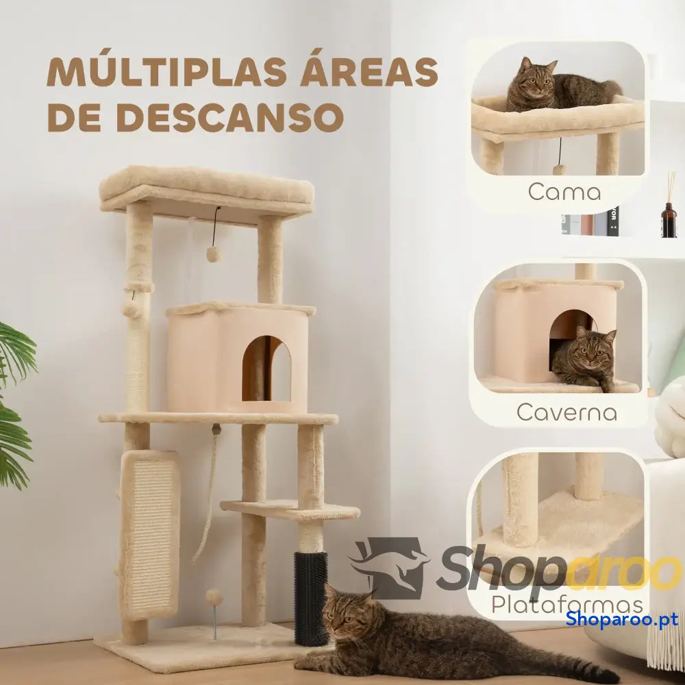 Arranhador para Gatos Grande Altura 132 cm com Plataformas Postes Escova Bolas Suspensas e Almofadas Arranhar Bege
