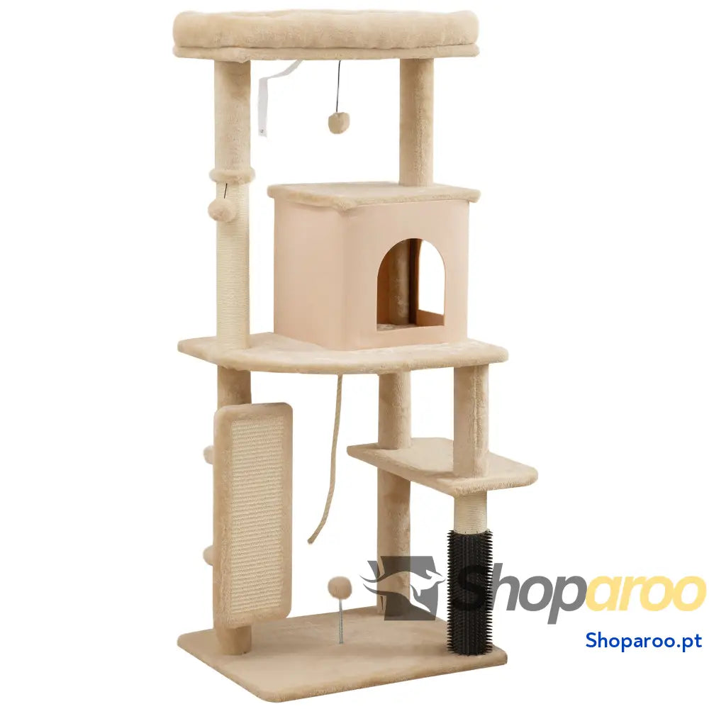Arranhador para Gatos Grande Altura 132 cm com Plataformas Postes Escova Bolas Suspensas e Almofadas Arranhar Bege