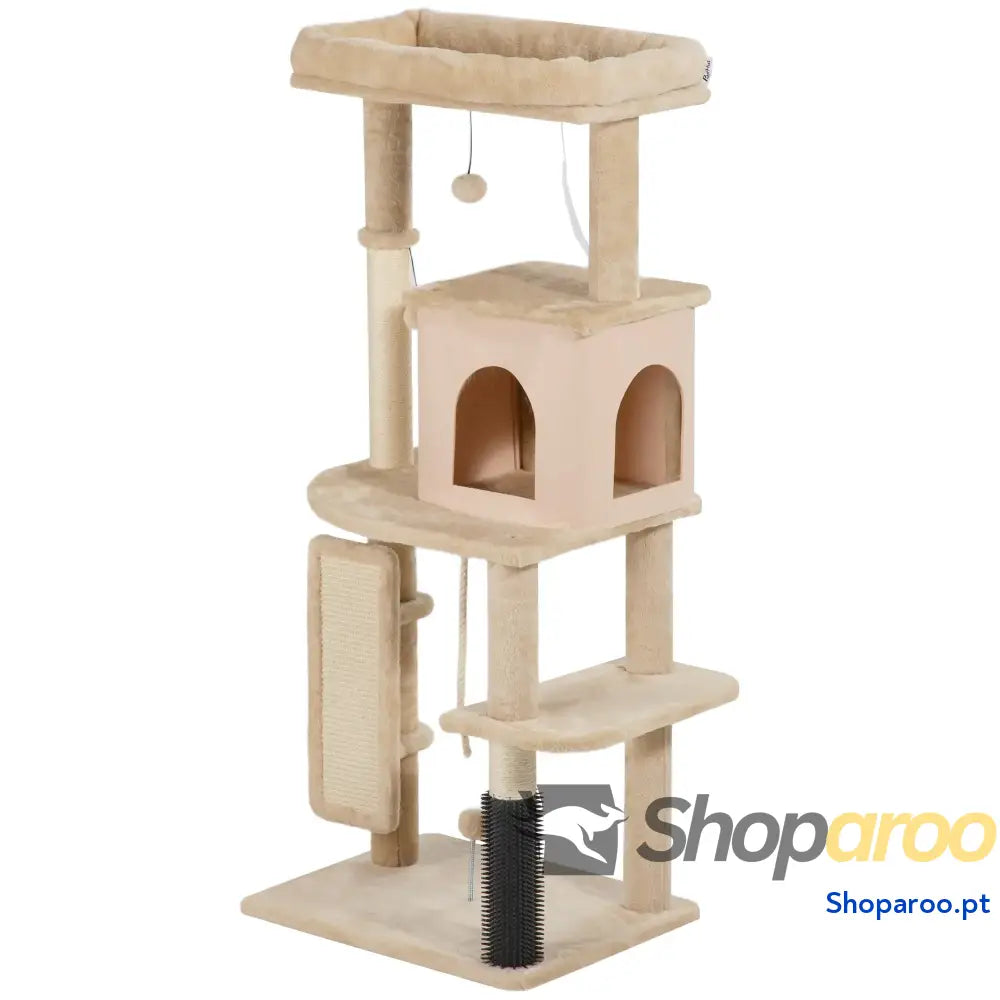 Arranhador para Gatos Grande Altura 132 cm com Plataformas Postes Escova Bolas Suspensas e Almofadas Arranhar Bege