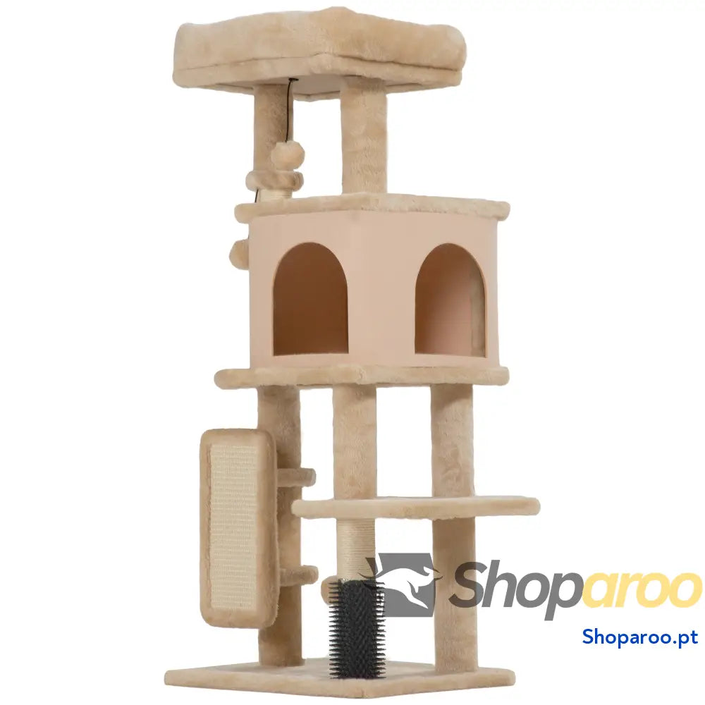 Arranhador para Gatos Grande Altura 132 cm com Plataformas Postes Escova Bolas Suspensas e Almofadas Arranhar Bege