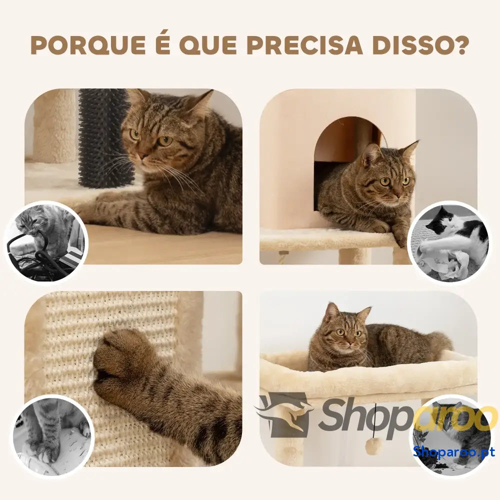 Arranhador para Gatos Grande Altura 132 cm com Plataformas Postes Escova Bolas Suspensas e Almofadas Arranhar Bege