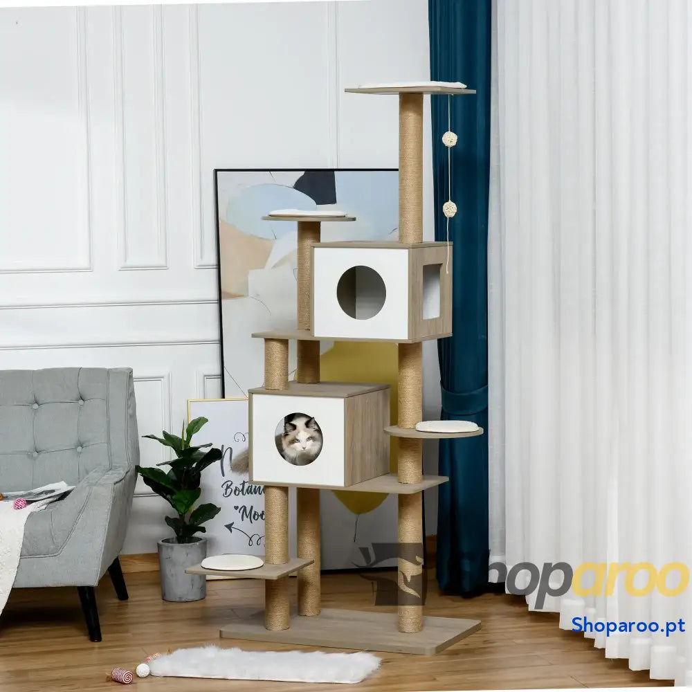 Árvore Arranhador de escalada para gatos Altura 177 cm com Plataformas Cavernas Almofada macia brinquedo suspensão