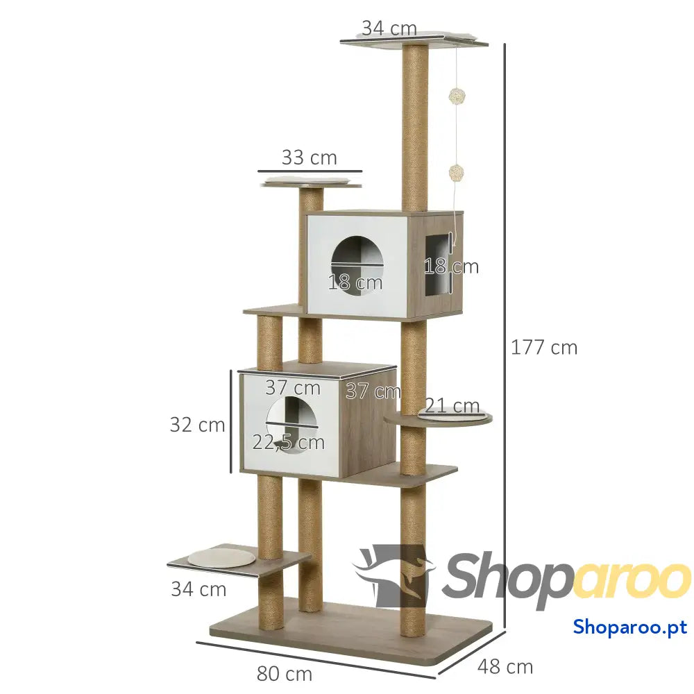 Árvore Arranhador de escalada para gatos Altura 177 cm com Plataformas Cavernas Almofada macia brinquedo suspensão