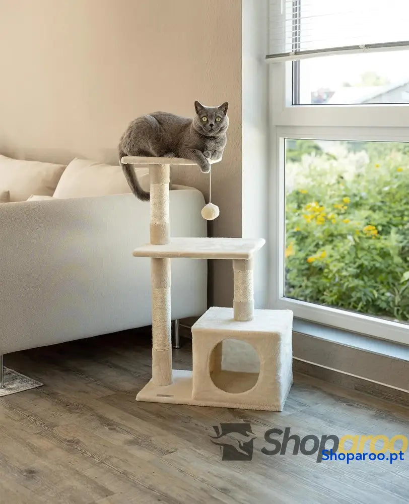Árvore arranhadora para gatos com caverna plataformas e bola de pelúcia
